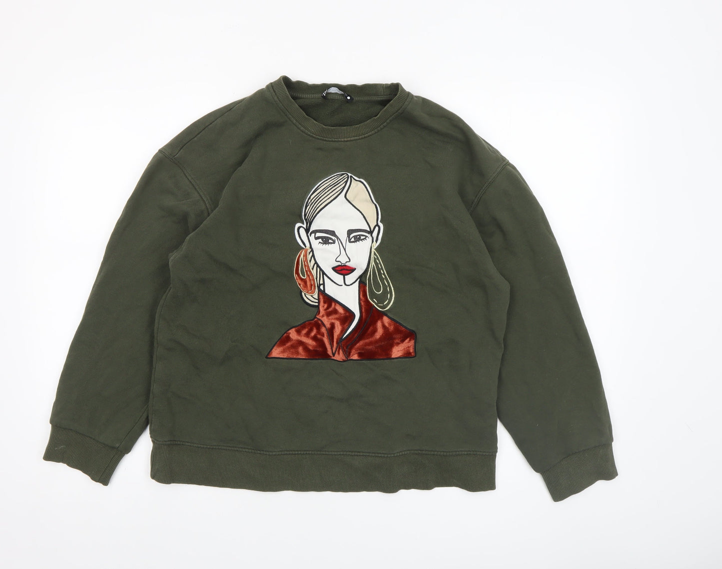 Zara Women Green Graphic Art Sweatshirt Size S Crew Neck Pullover