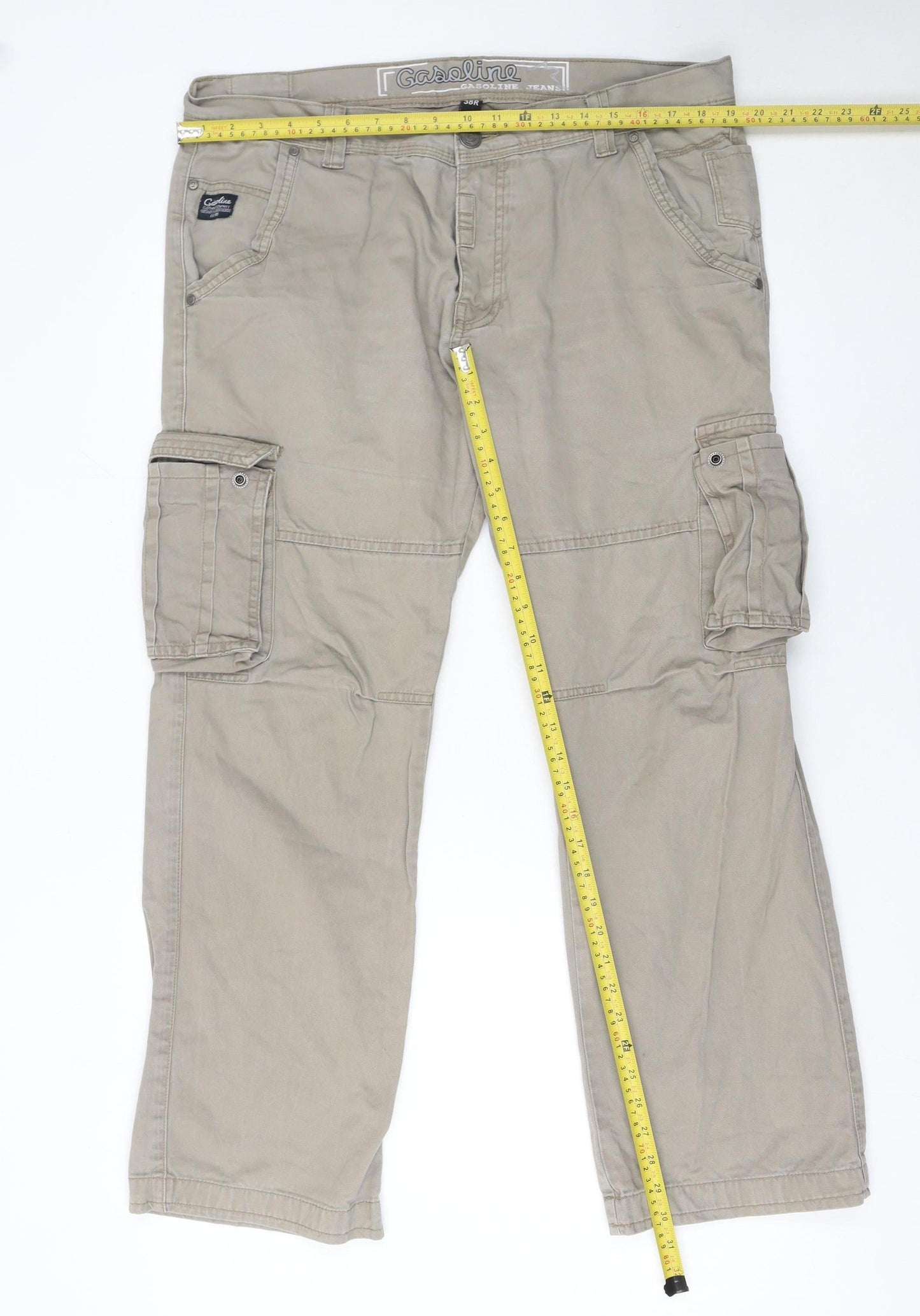 Gasoline Originals Men's Beige Cargo Trousers Size L 33R Cotton Workwear