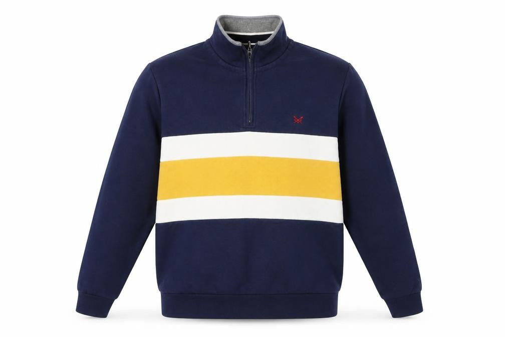Front view of Crew Clothing Blue 1/4 Zip Striped Sweatshirt L Regular Fit