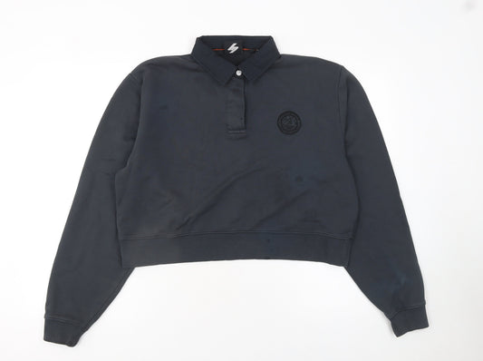 Superdry Womens Black Henley Sweatshirt UK 10 Long Sleeve Collared