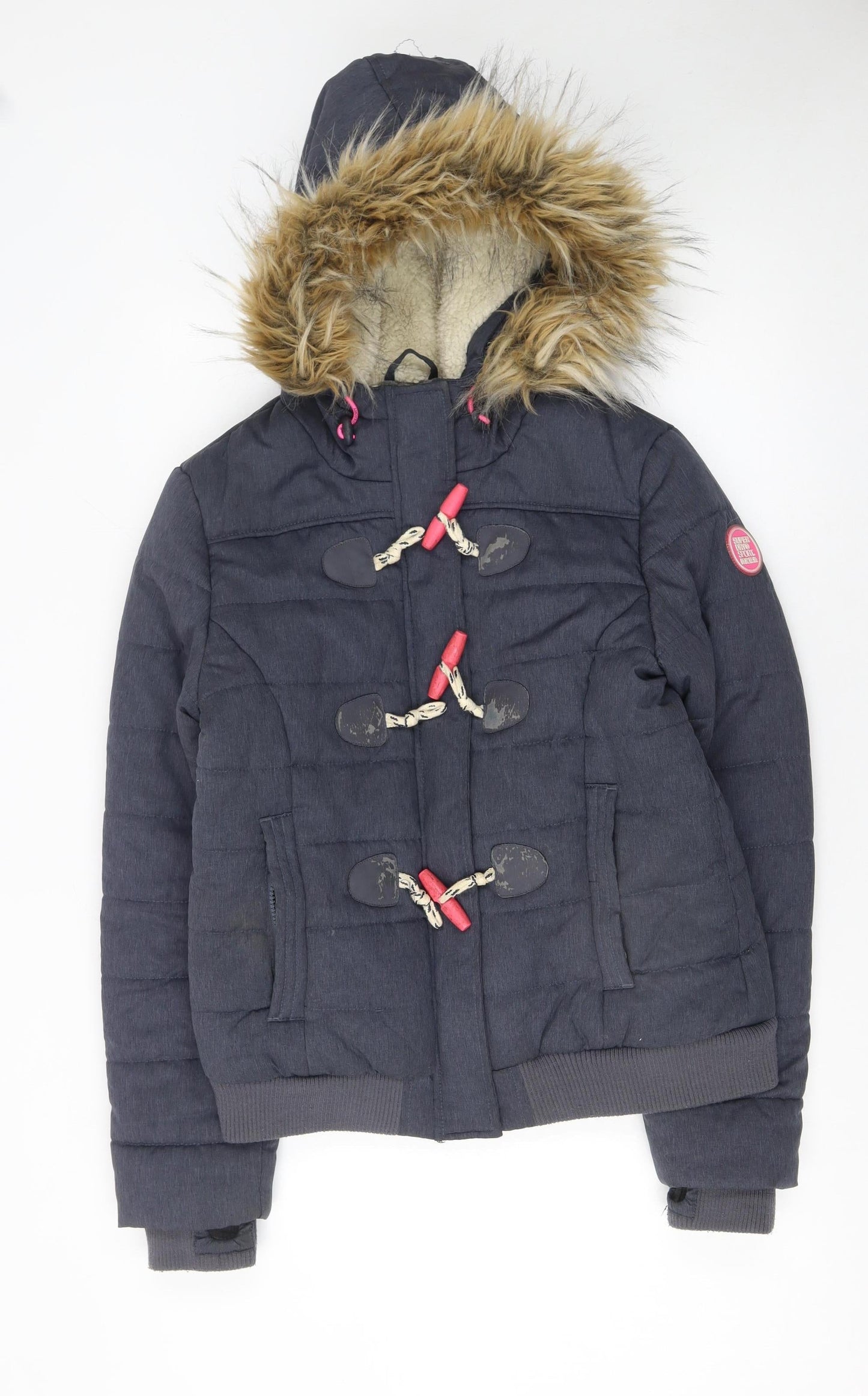 Superdry Sport Womens Navy Hooded Toggle Puffer Jacket L Faux Fur Trim