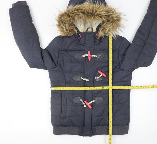 Superdry Sport Womens Navy Hooded Toggle Puffer Jacket L Faux Fur Trim