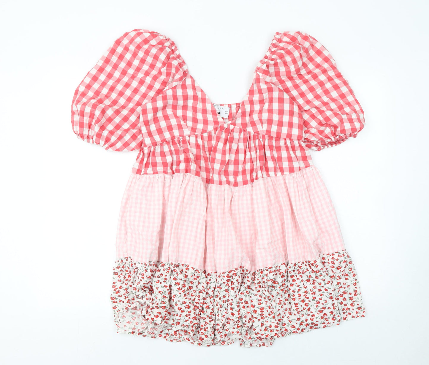 ASOS Women Pink Gingham Smock Dress UK 6 Puff Sleeve Short Ruffle