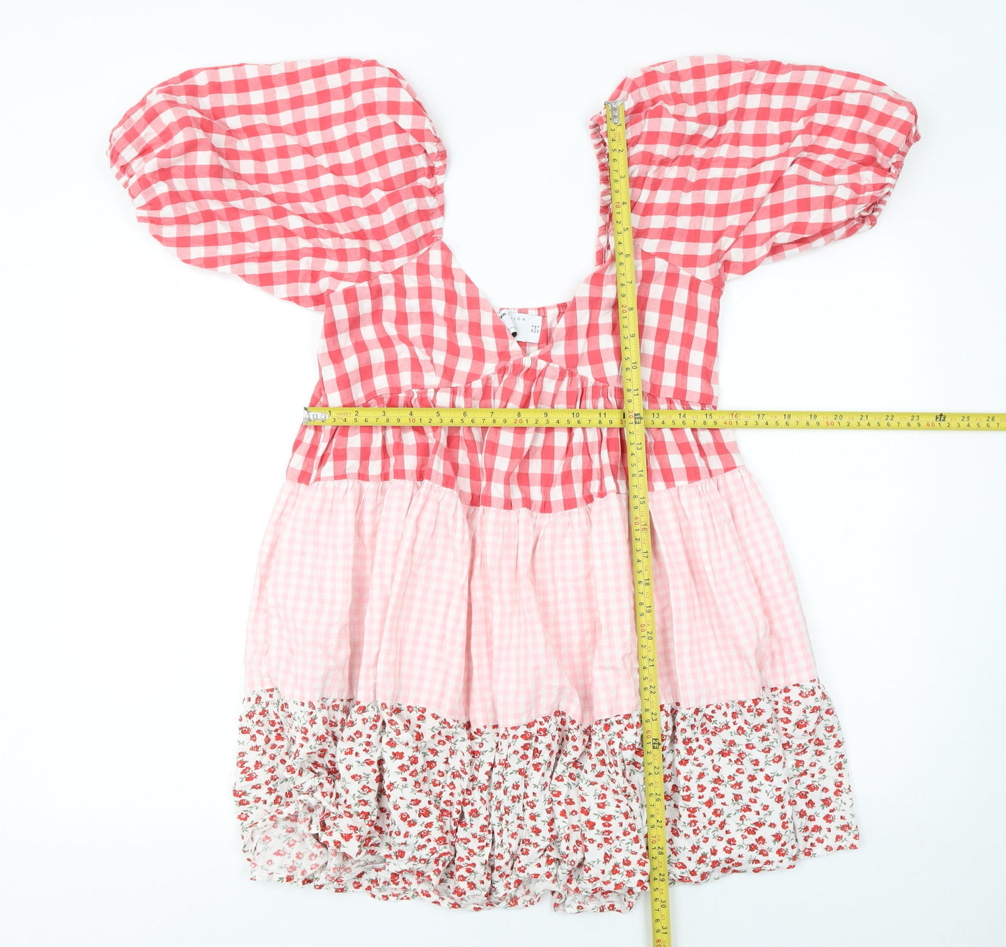 ASOS Women Pink Gingham Smock Dress UK 6 Puff Sleeve Short Ruffle