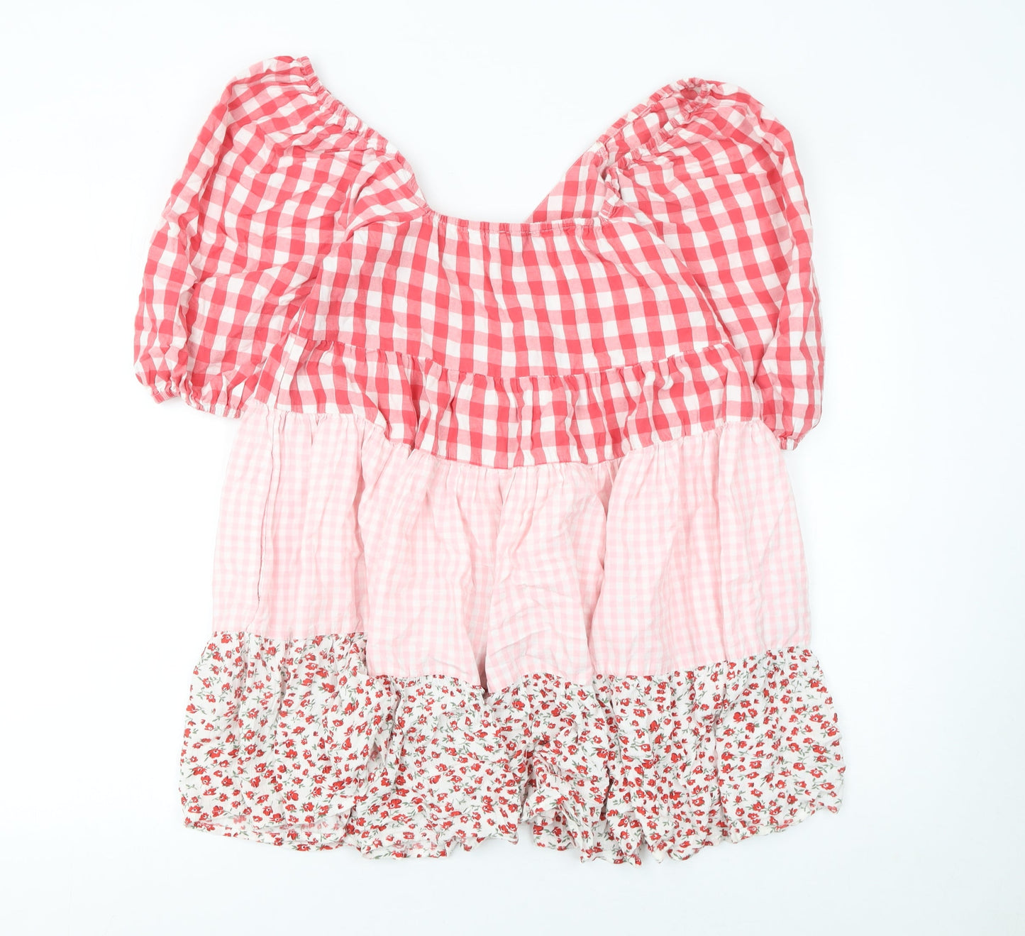 ASOS Women Pink Gingham Smock Dress UK 6 Puff Sleeve Short Ruffle