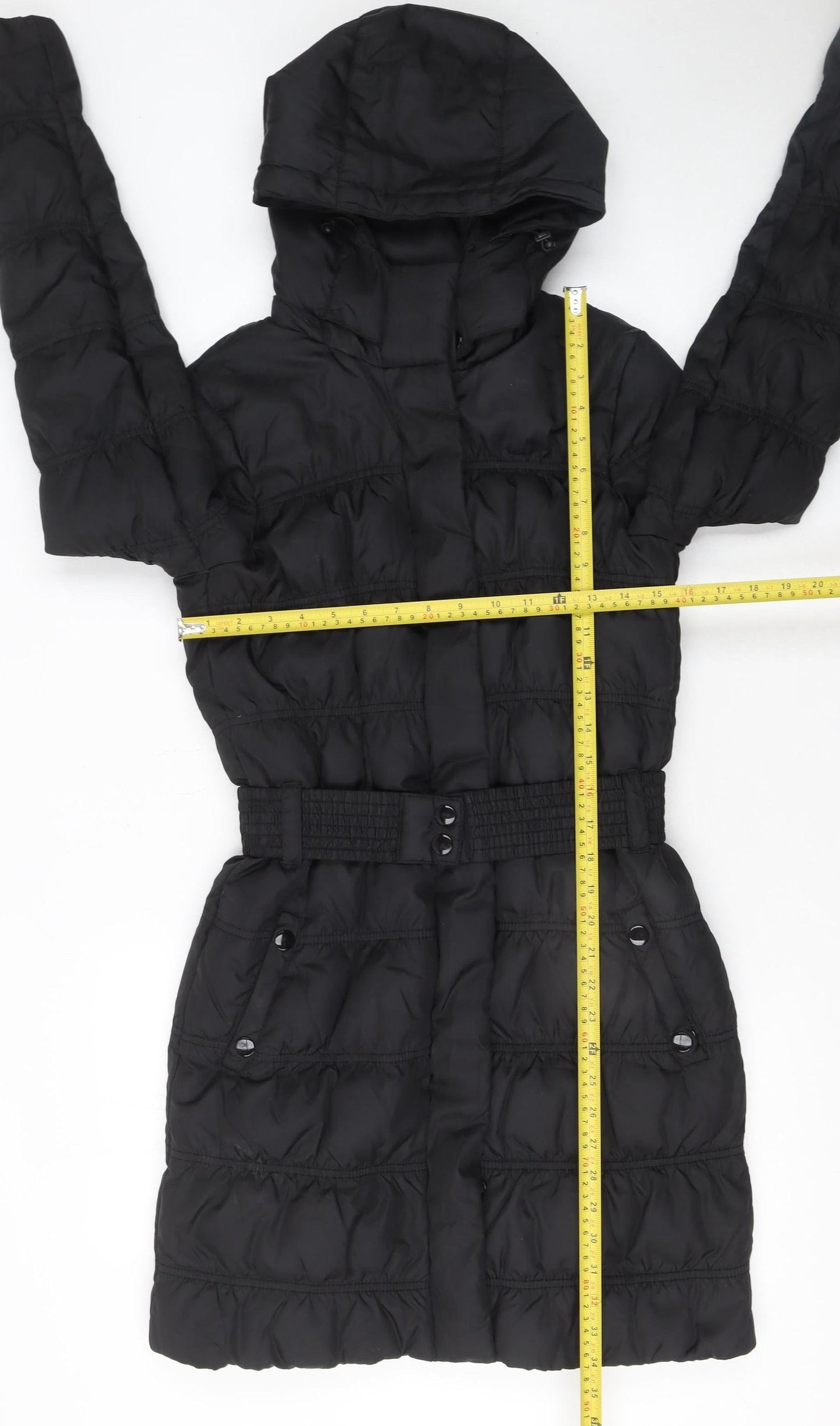 Mango Women's Black Long Puffer Coat S Hooded Belted Winter Jacket