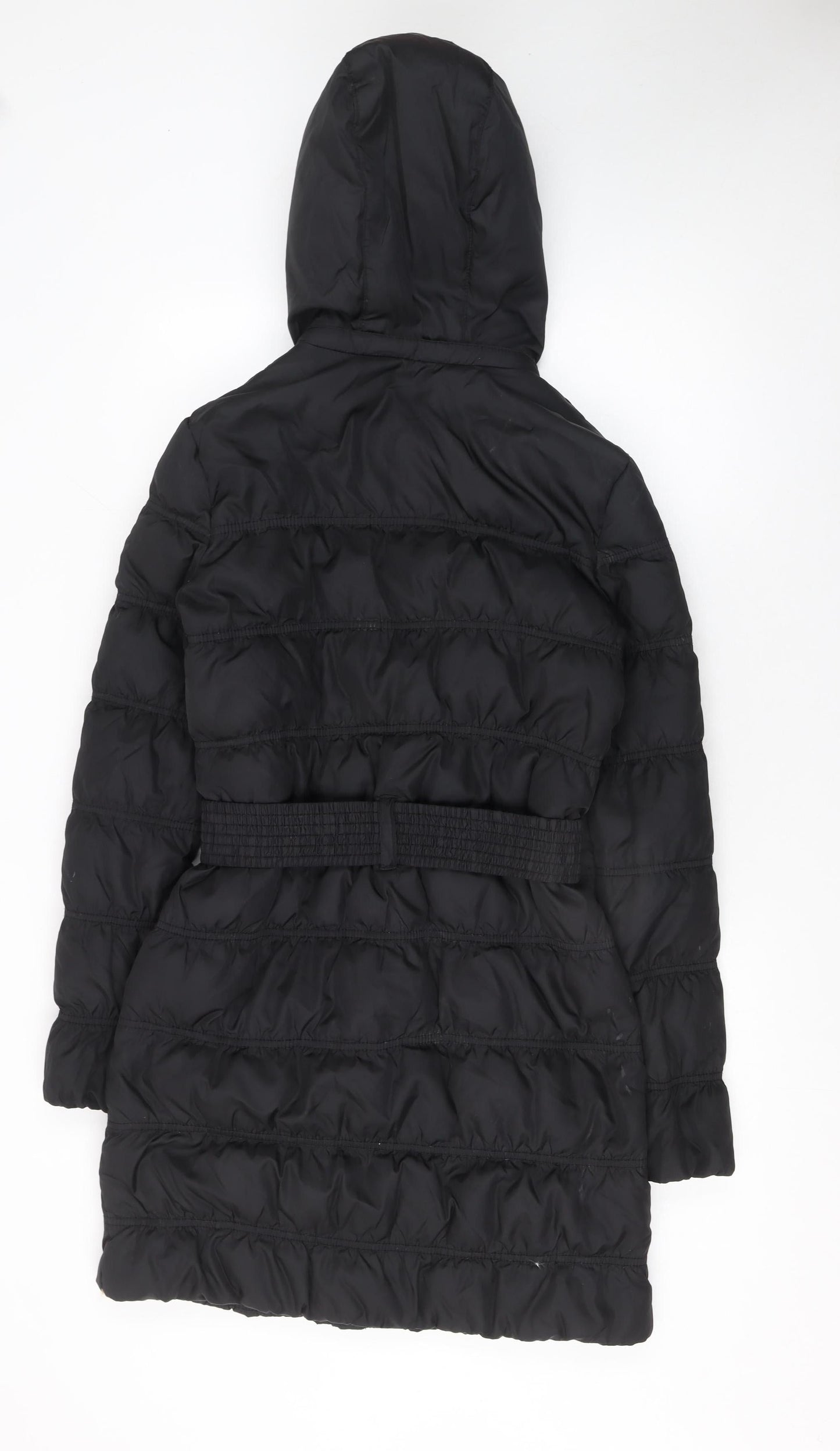 Mango Women's Black Long Puffer Coat S Hooded Belted Winter Jacket