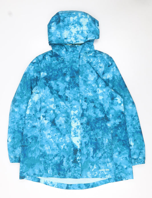 Lands' End Women's Blue Petite Rain Coat Jacket Size 12 Hooded Waterproof