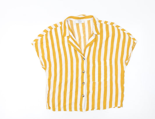 Bershka Women Yellow Striped Short Sleeve Button-Up Shirt M