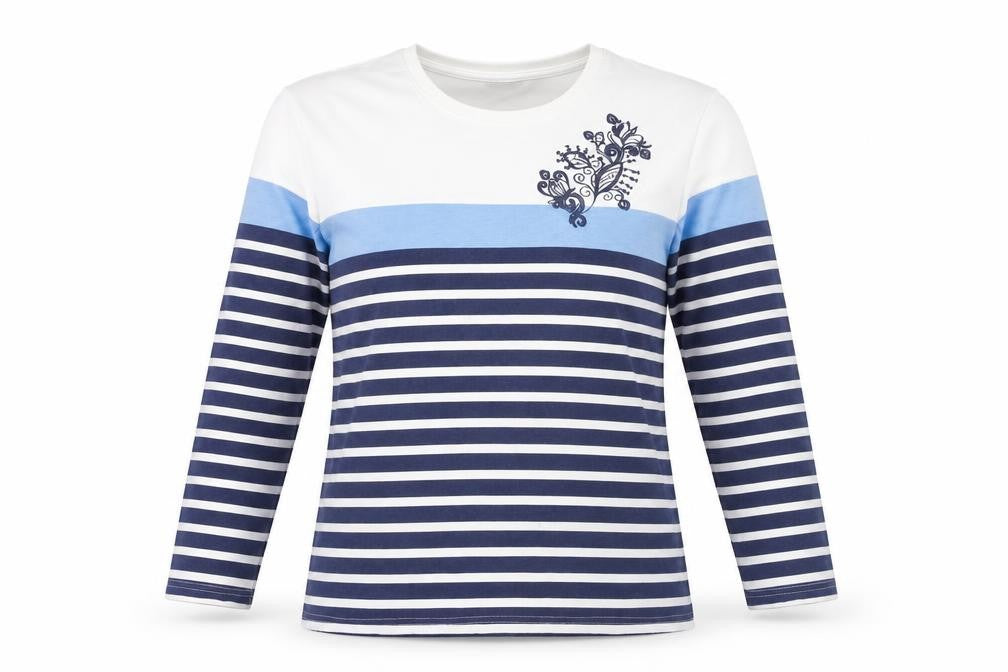 Damart Women’s Blue Striped Long Sleeve Embroidered T-Shirt Size L 18/20