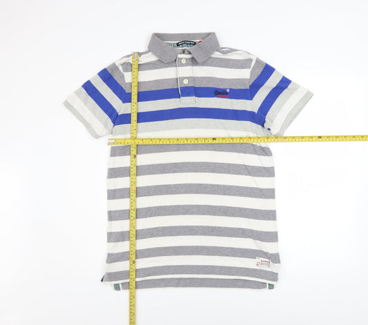 Superdry Men's Grey Striped Breton Polo Shirt Size L