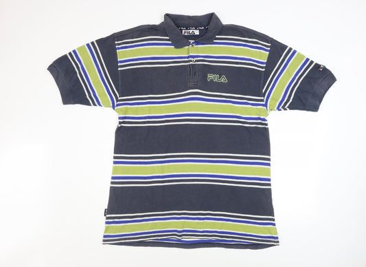 FILA Men's Blue Striped Cotton Retro Polo Shirt Size L