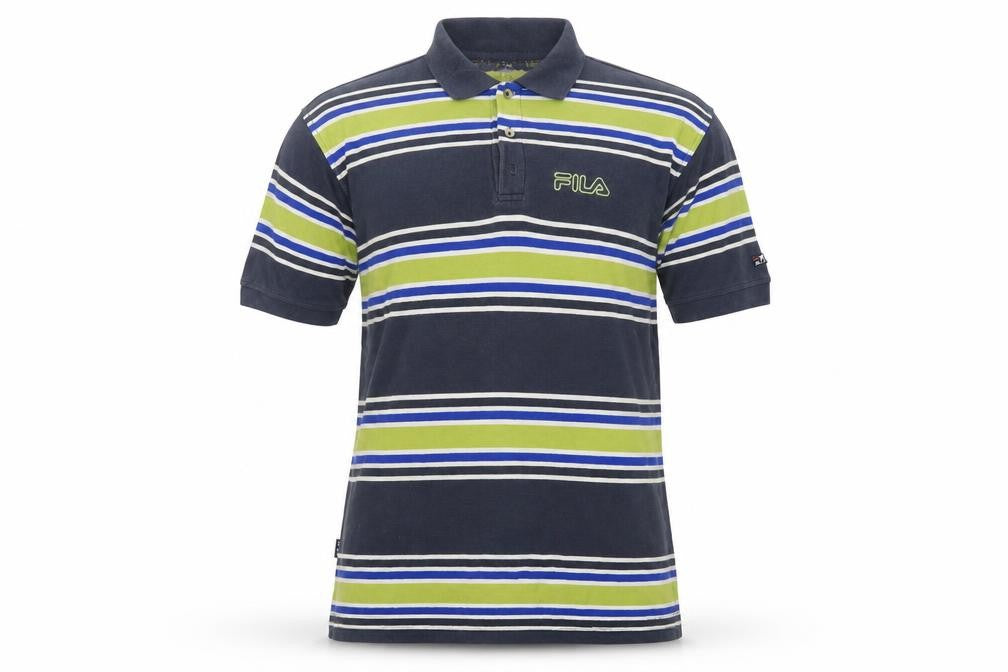 Front view of Fila Men's Blue Striped Cotton Retro Polo Shirt, size L