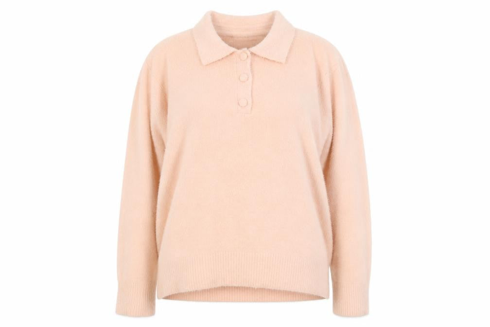Front view of Gallery Women Blush Pink Collared Henley Sweater XL Soft Knit