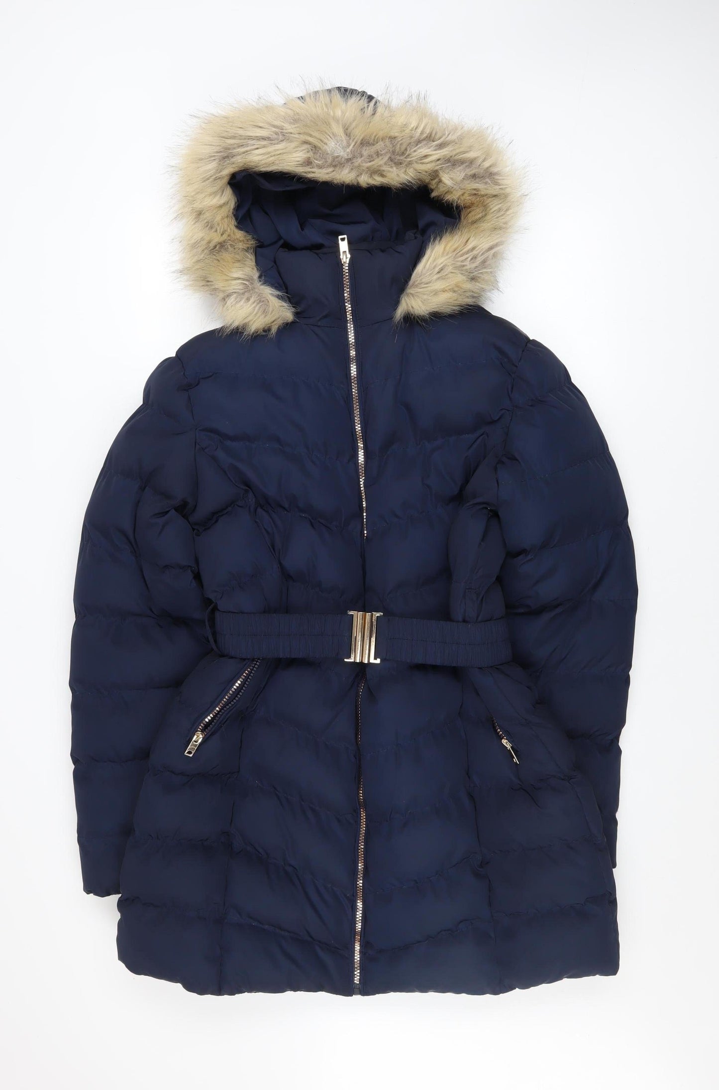 Fluid Women’s Blue Faux Fur Trim Puffer Coat Size 10 Belted Hooded Winter Jacket