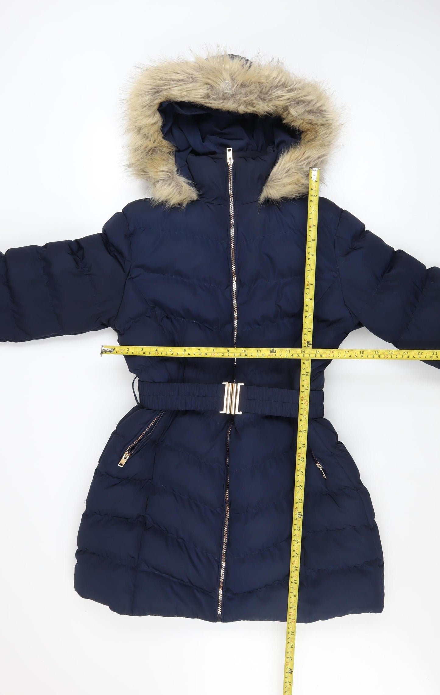Fluid Women’s Blue Faux Fur Trim Puffer Coat Size 10 Belted Hooded Winter Jacket