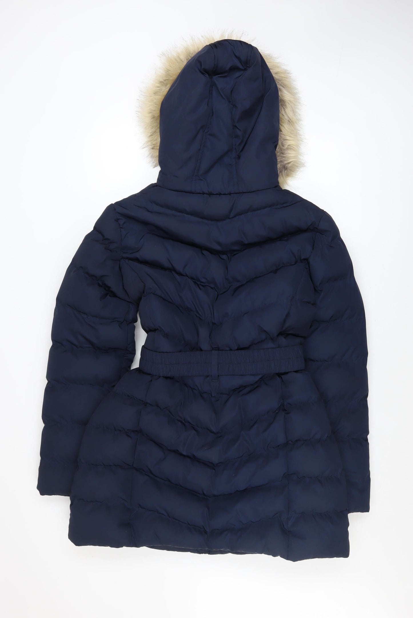 Fluid Women’s Blue Faux Fur Trim Puffer Coat Size 10 Belted Hooded Winter Jacket