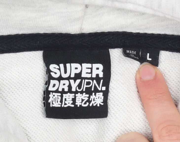 Superdry Mens Grey Pullover Hoodie L Logo Print Fleece Sweatshirt