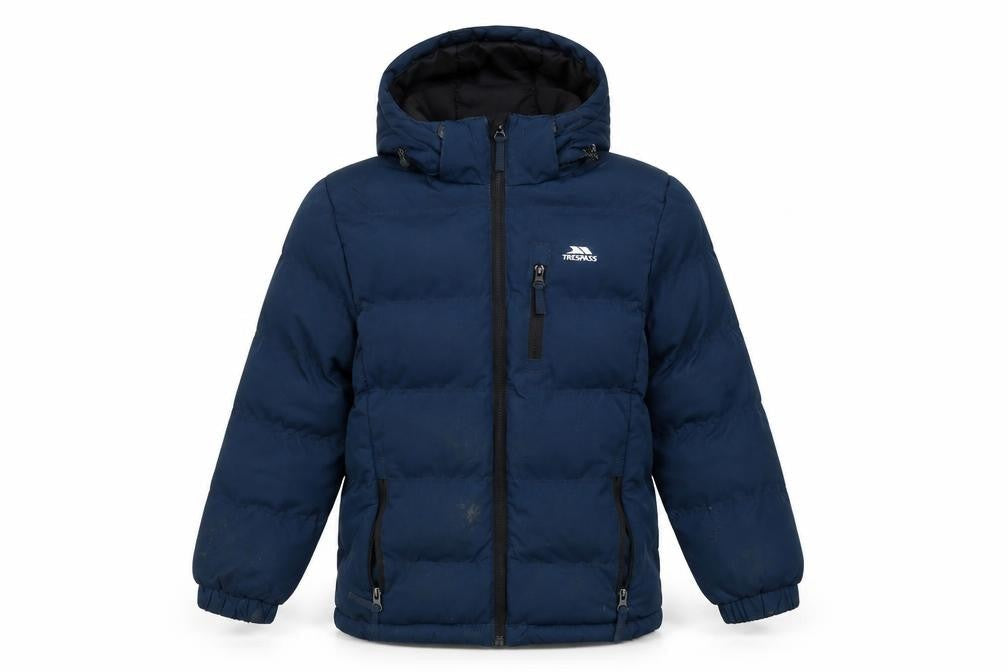 Front view of Trespass boys’ blue waterproof hooded puffer jacket 5-6 years