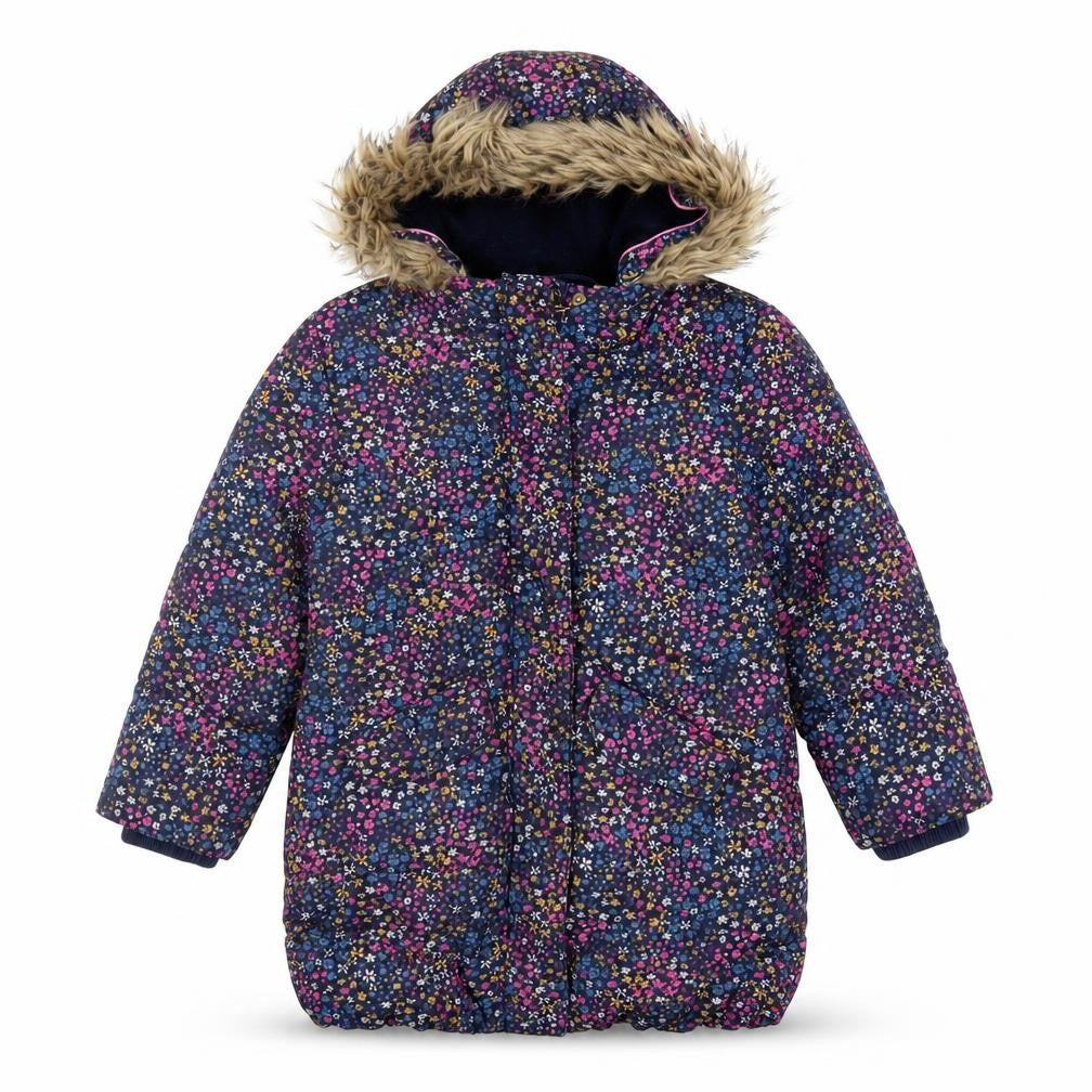Front view of John Lewis girls’ multicoloured floral puffer coat 7 years hooded faux fur winter