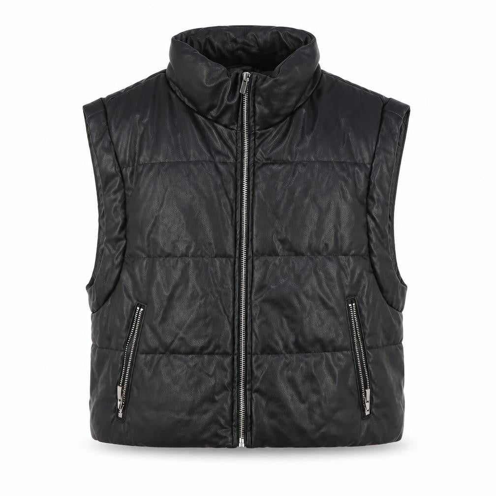Zara Women Black Faux Leather Puffer Waistcoat Size M Sleeveless Zip