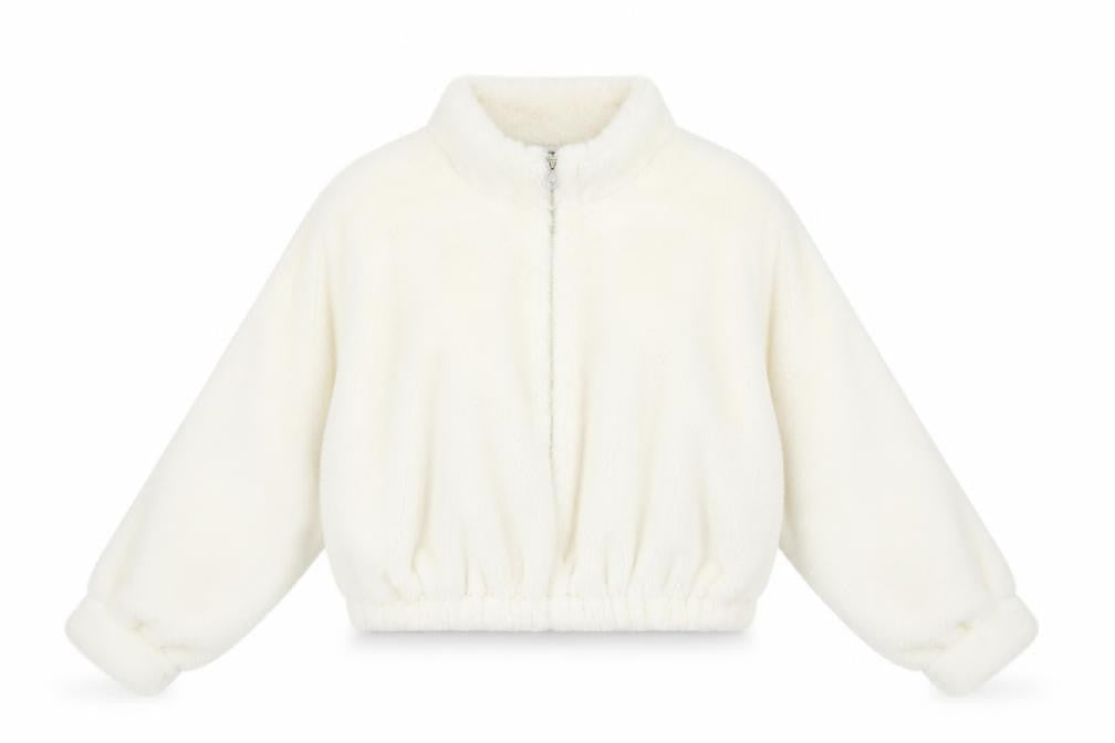 JF Lefon Women Ivory Faux Fur Cropped Zip Jacket Size 14
