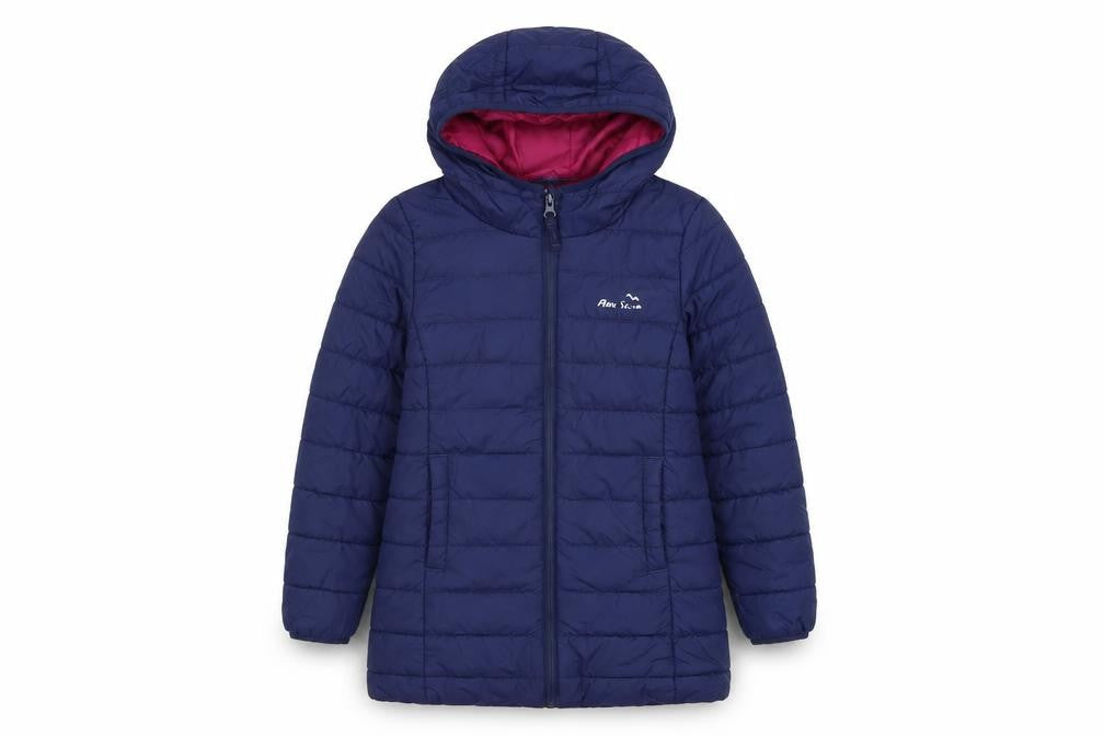 Front view of Peter Storm girls’ blue hooded puffer jacket 7-8 years quilted winter coat