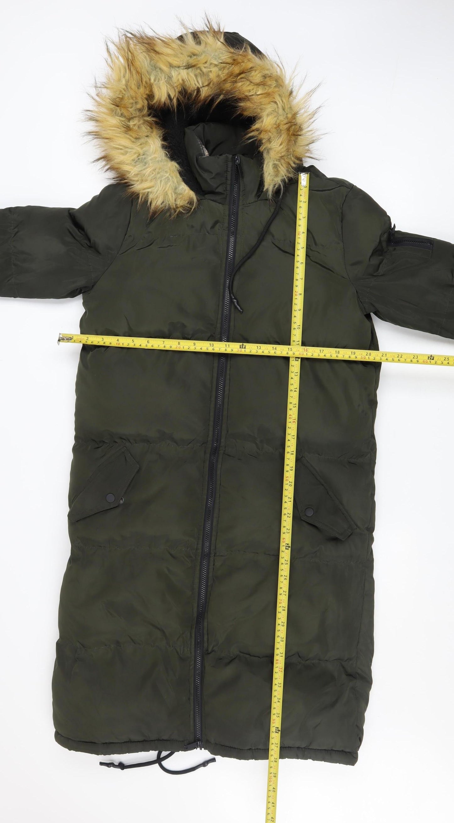 Brave Soul Womens Green Long Puffer Coat Hooded Faux Fur Size 8