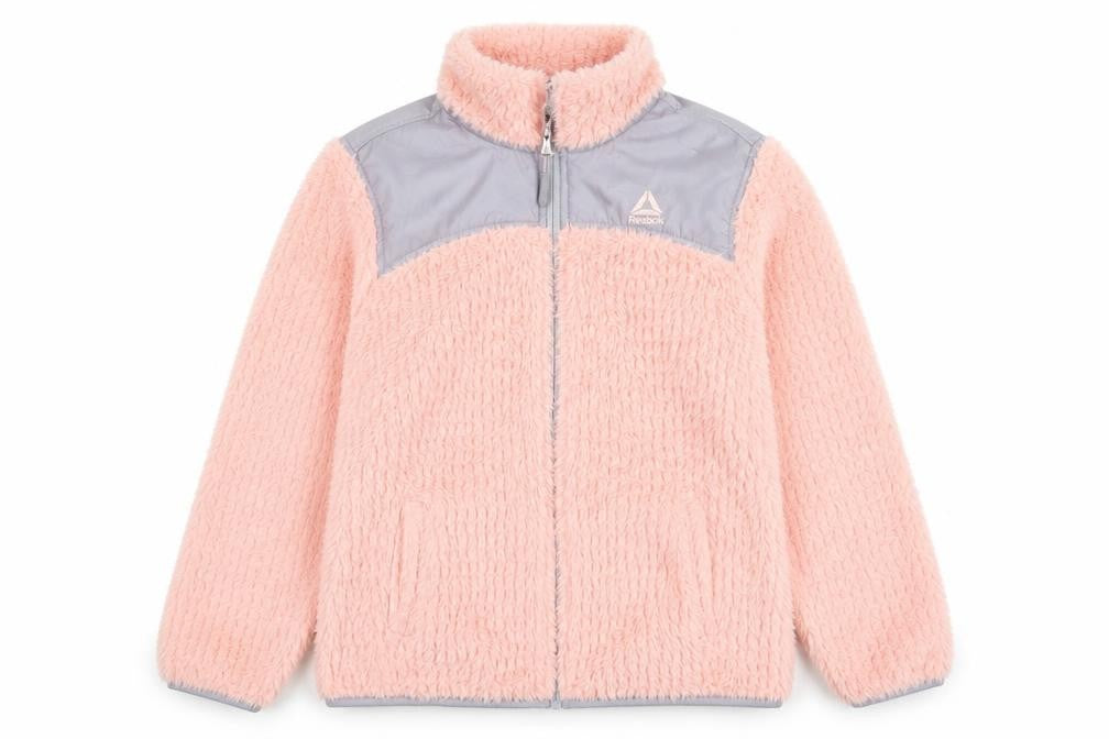 Front view of Reebok girls’ pink fleece full zip sweatshirt, size 16, years