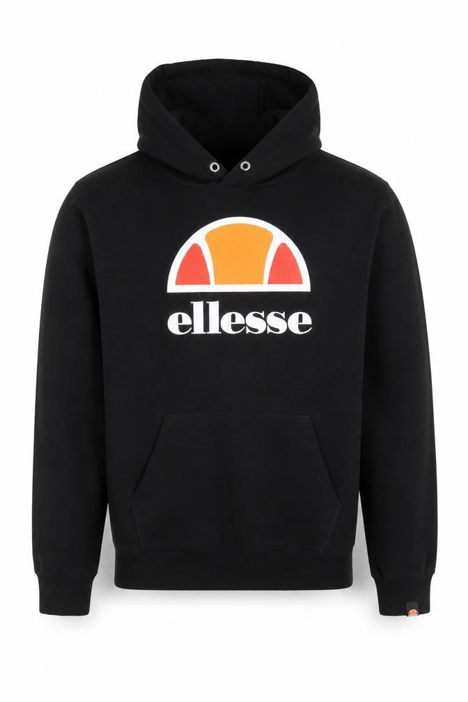 Front view of Ellesse Men’s Black Pullover Hoodie S Logo Fleece Sweatshirt