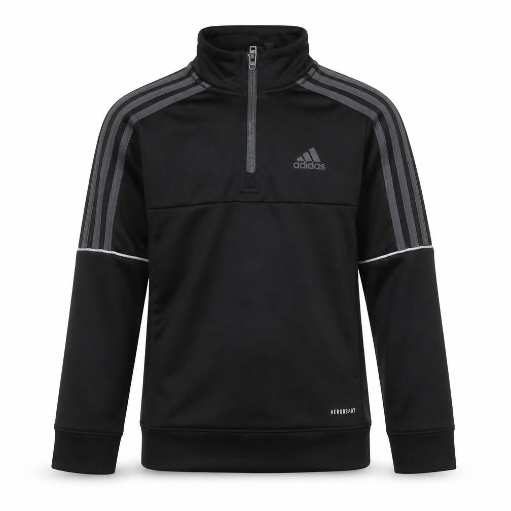 Front view of Adidas boys’ black 9-10 years 1/4 zip pullover sweatshirt
