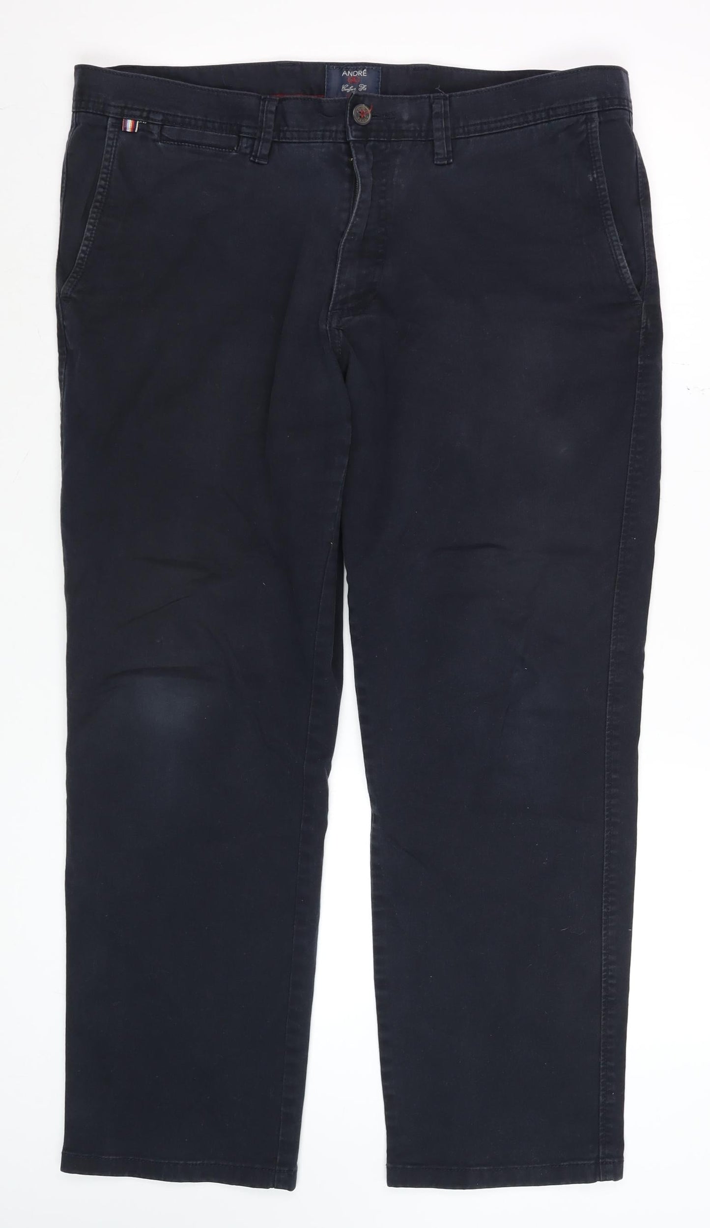 André Men's Black Chino Trousers 38S Classic Fit Stretch Cotton