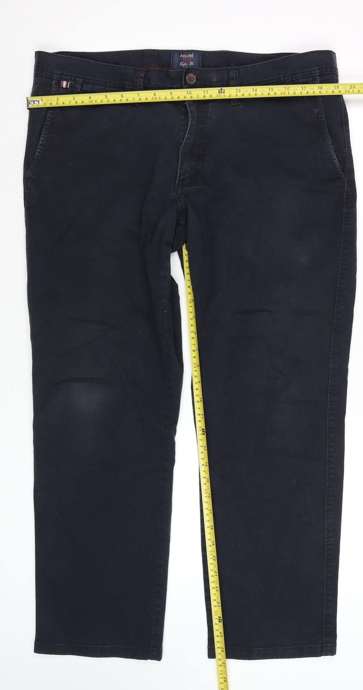 André Men's Black Chino Trousers 38S Classic Fit Stretch Cotton