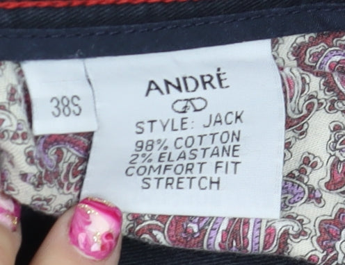 André Men's Black Chino Trousers 38S Classic Fit Stretch Cotton