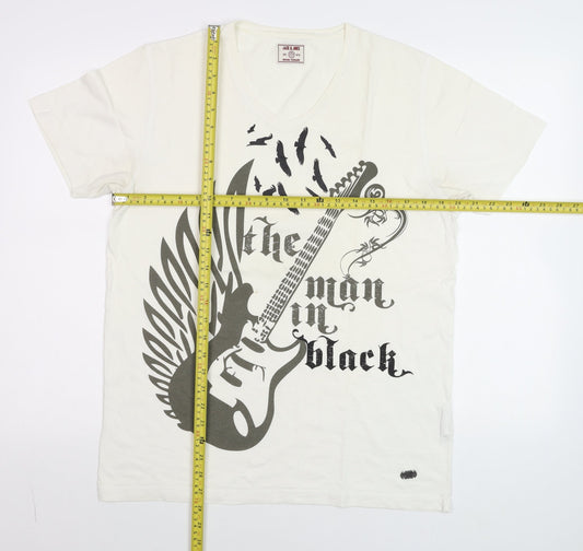 Jack & Jones Men White V-Neck Music Graphic Print T-Shirt Size M