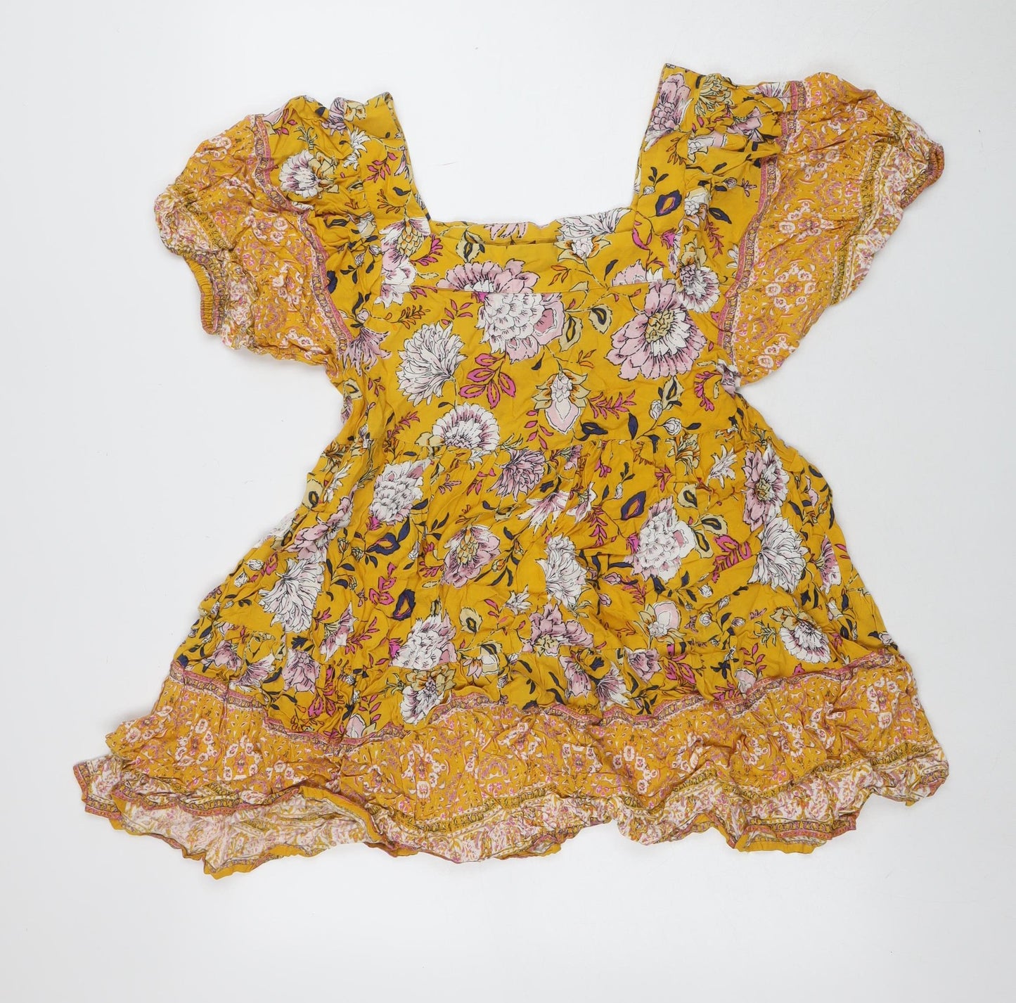 Lottie & Holly Womens Yellow Floral Wrap Dress Size M V-Neck Ruffle Hem