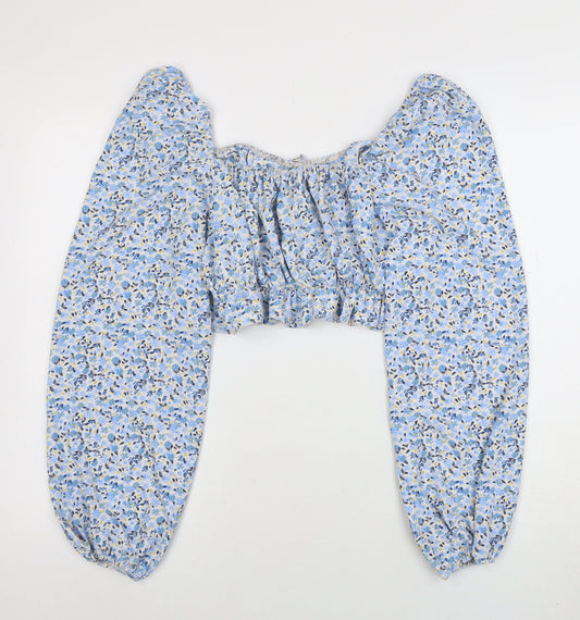 New Look Women's Blue Floral Cropped Puff Sleeve Blouse Size 14