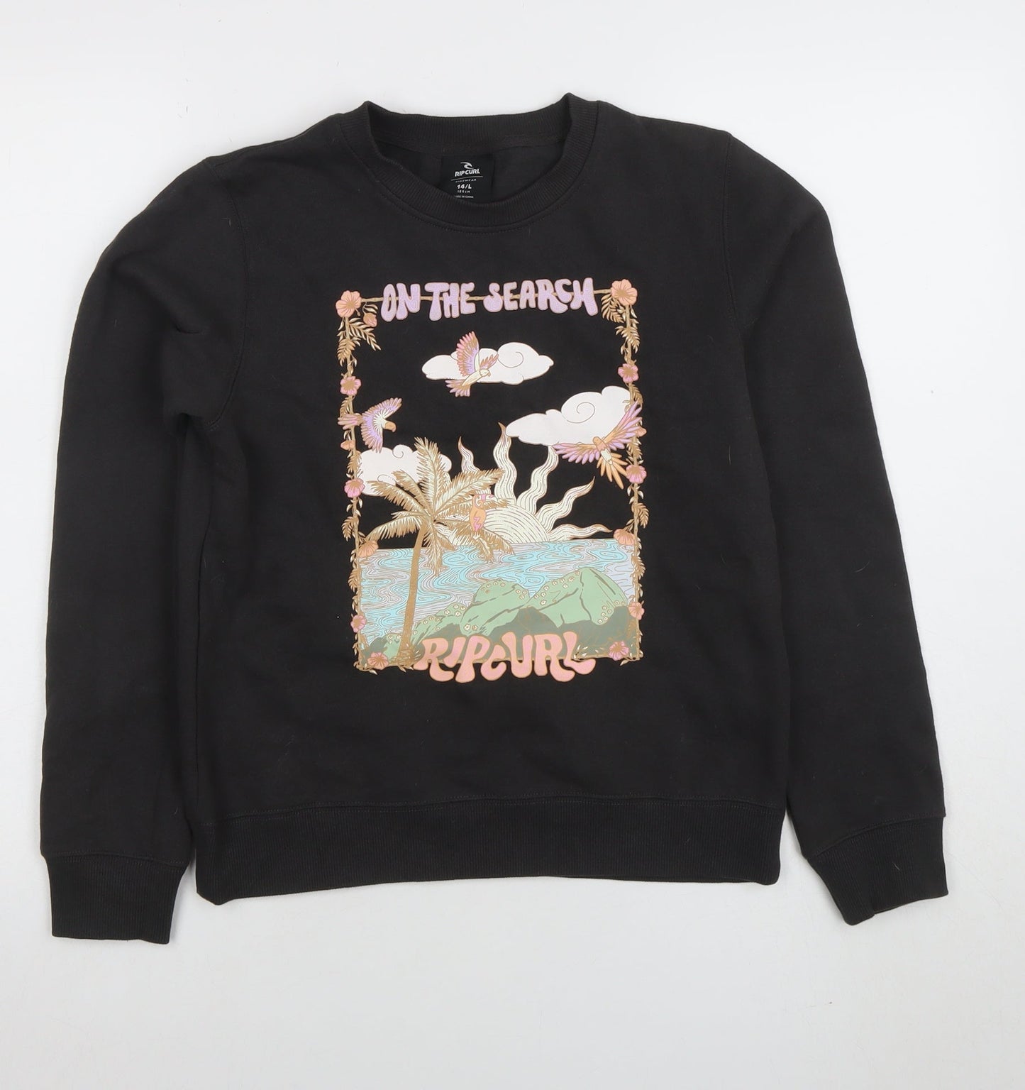 Rip Curl Girls Black Graphic Print Cotton Sweatshirt 14 Years Regular Fit