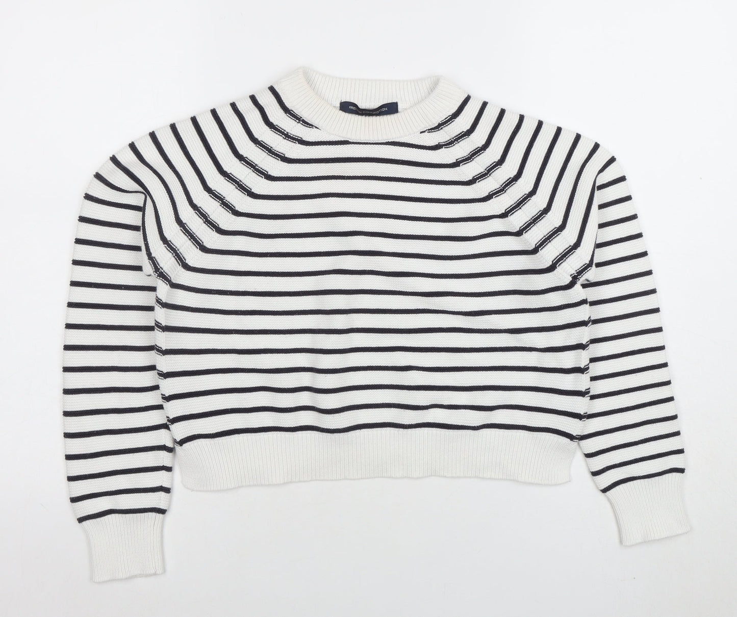 French Connection Women's White Striped Cotton Crew Neck Jumper Size M