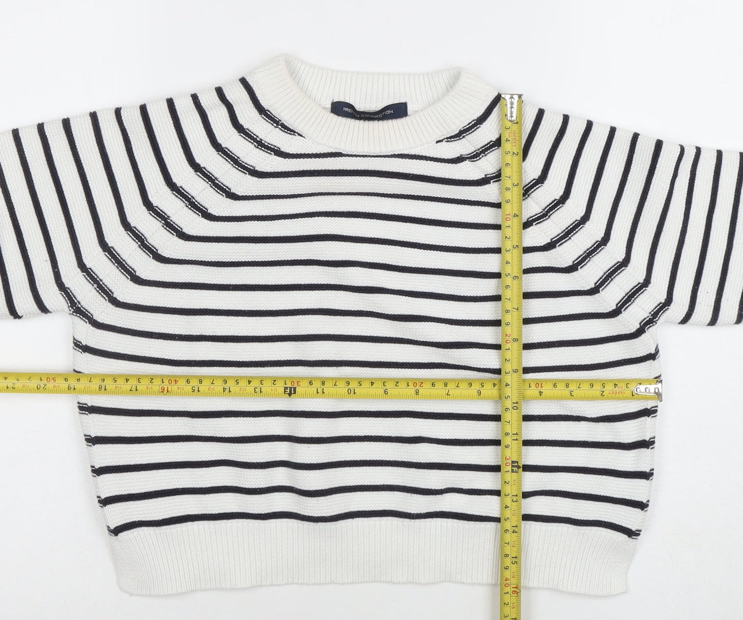French Connection Women's White Striped Cotton Crew Neck Jumper Size M