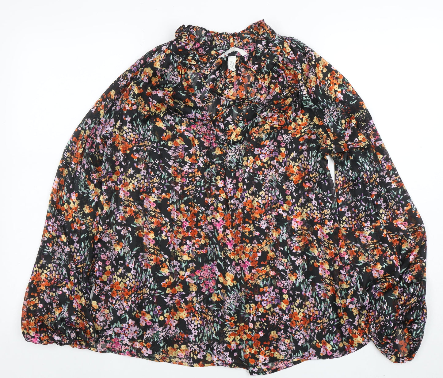 H&M Women's Multicoloured Floral Chiffon Ruffle Blouse XS