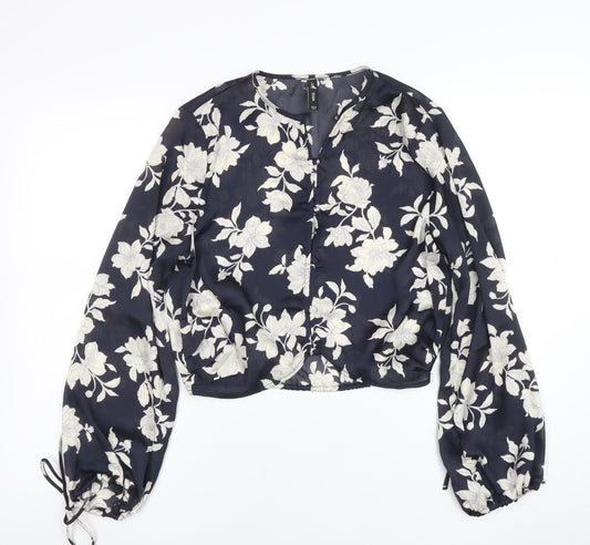 Mango Womens Blue Floral Chiffon Cropped Blouse XS