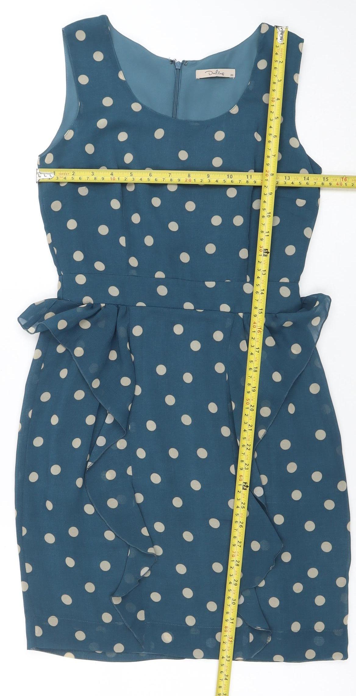 Daphne Women's Blue Polka Dot Sleeveless Ruffle Pencil Dress XS