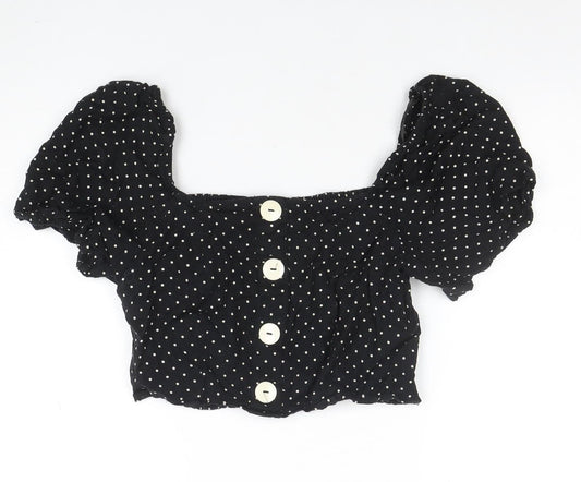 River Island Womens Black Polka Dot Cropped Blouse Size 12 Puff Sleeve