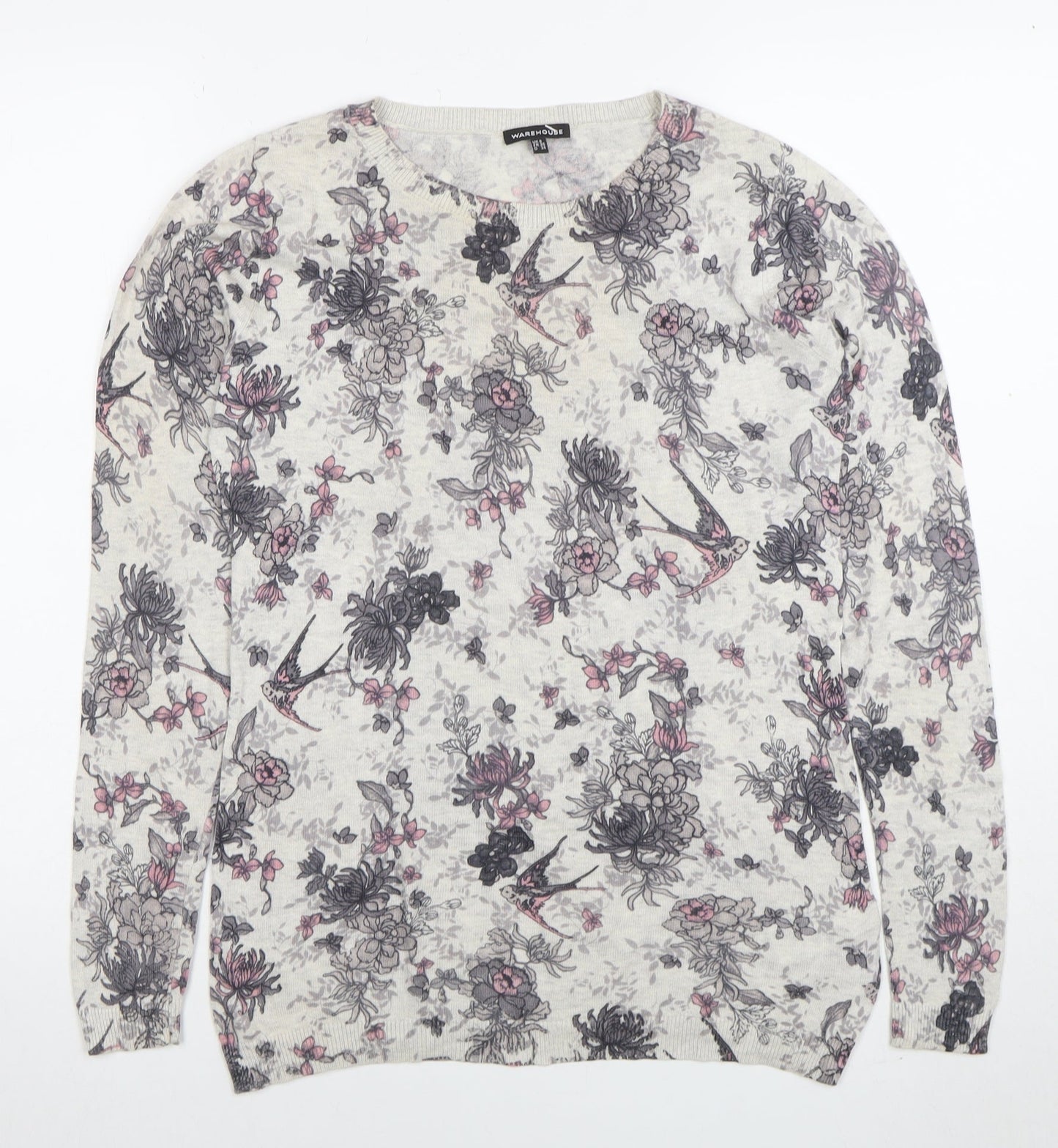 Warehouse Women’s Ivory Floral Bird Print Cotton Blend Pullover Jumper Size 8