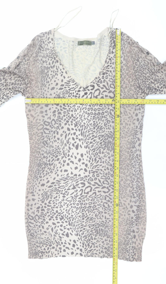 Mint Velvet Women's Beige Leopard V-Neck Knit Jumper Size 12