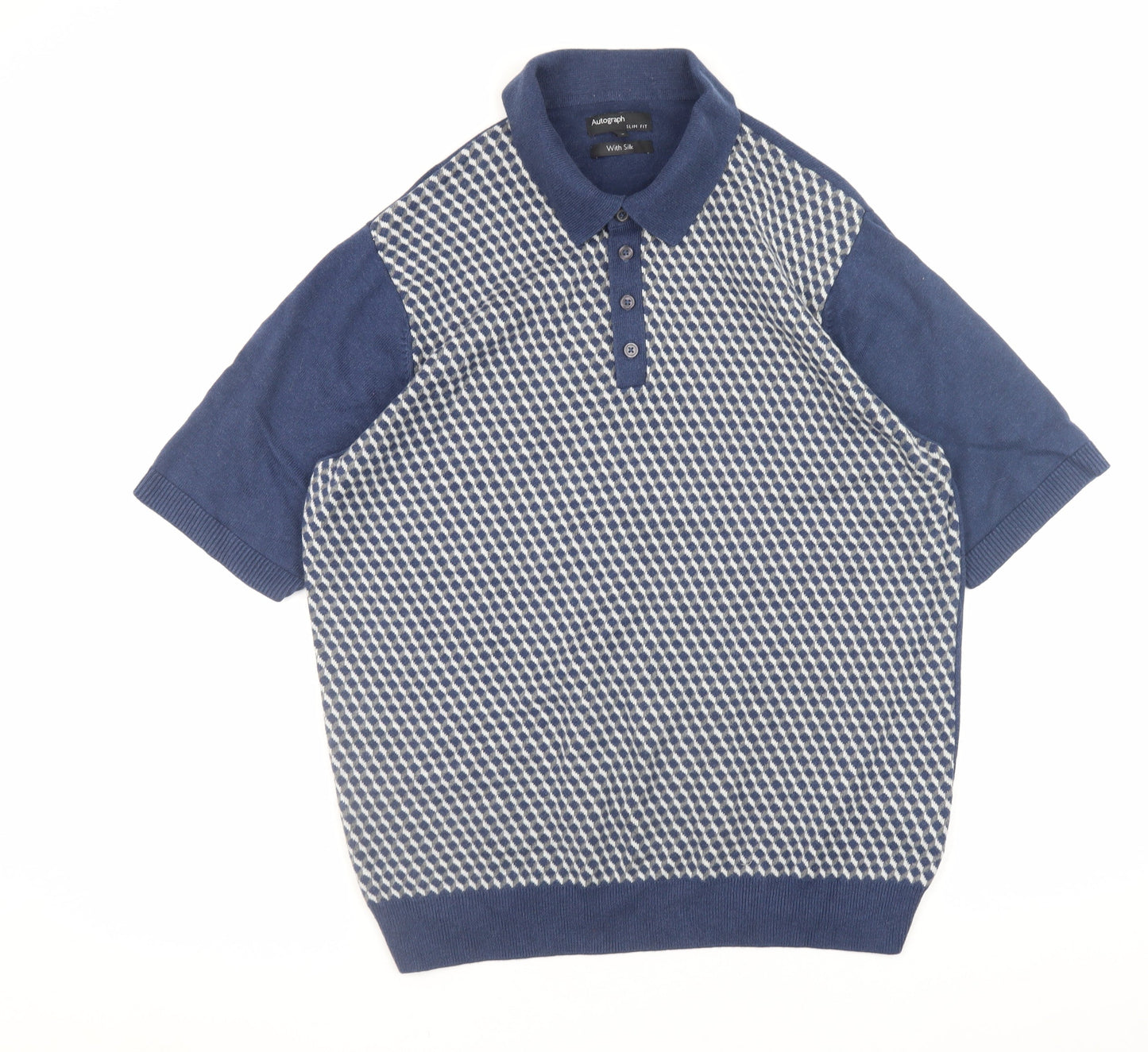 Marks and Spencer Autograph Men's Blue Slim Fit Silk Blend Polo Shirt L