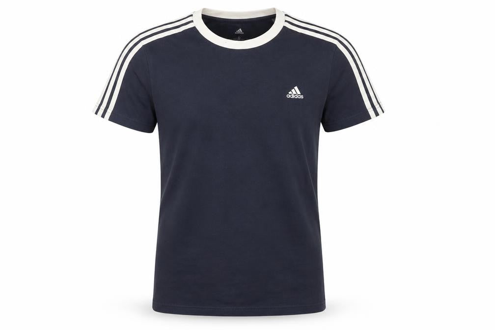 Front view of Adidas Men's Navy Blue Crew Neck Short Sleeve Cotton T-Shirt, size S