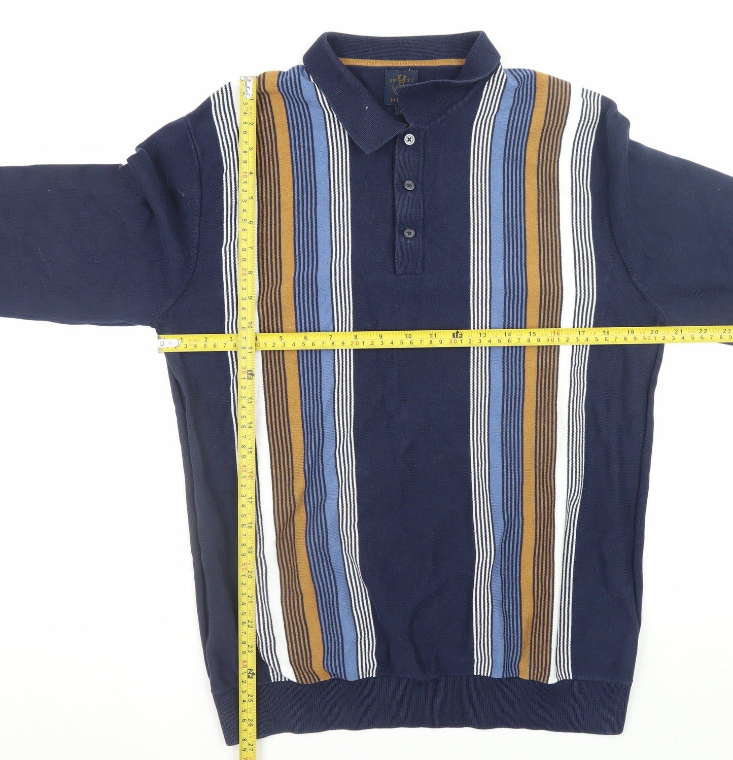Next Men's Blue Striped Collared Cotton Henley Jumper Size L