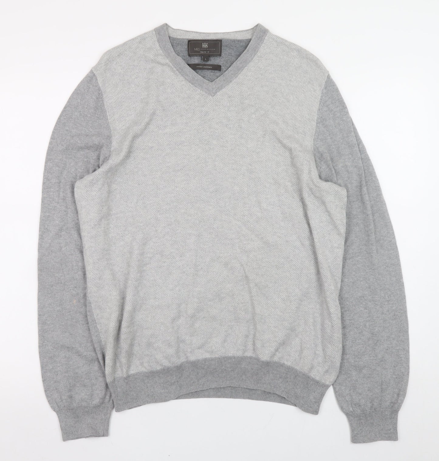 Marks and Spencer Men’s Grey V-Neck Cotton Cashmere Jumper Size L Regular Fit
